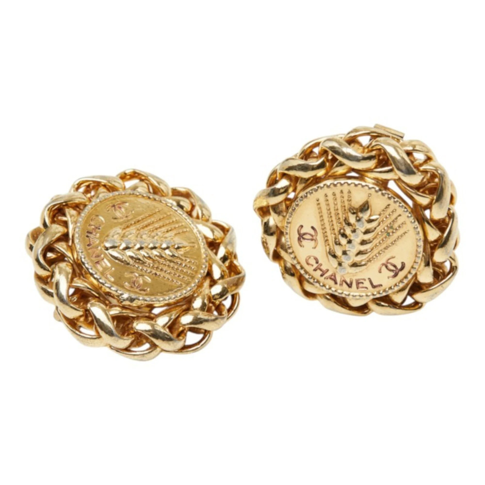 Chanel Coco Mark Rice Stalk Motif Earrings Ear Clip Gold Plated Women's CHANEL